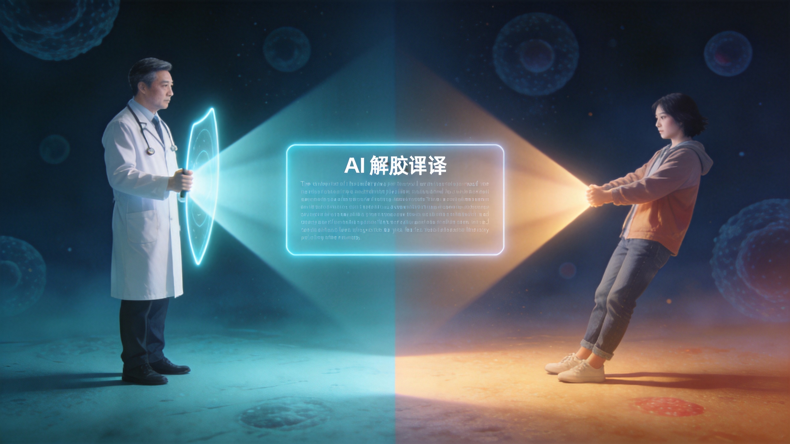 概念视觉：中央AI解释面板向两侧发出分化光束，左侧医生稳立不动如盾牌，右侧普通人被光束牵引偏离方向，医学蓝绿配色