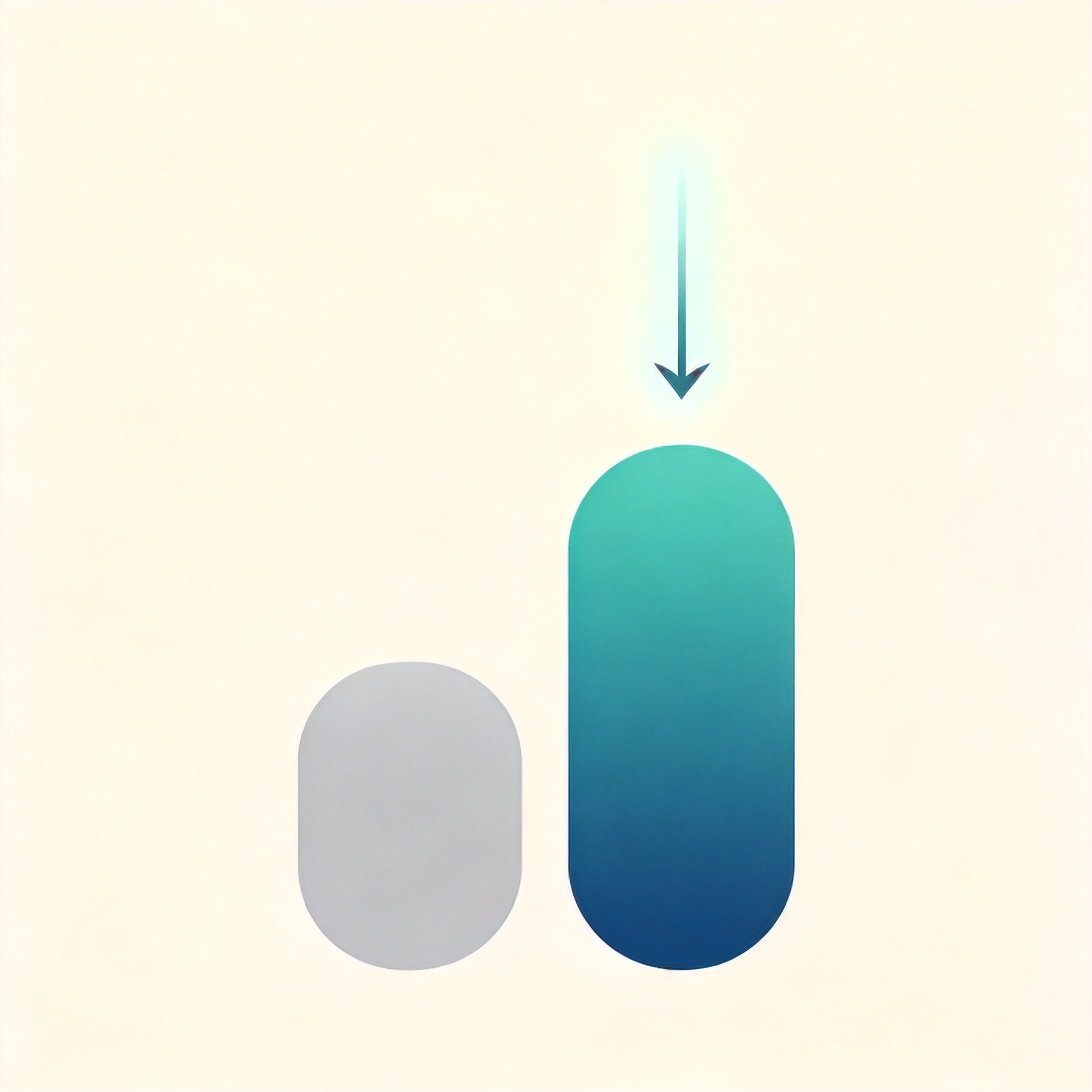 一张抽象结果关系示意图：左侧一根较高的柔和青绿色圆角柱与右侧几根较矮的浅灰色圆角柱并排，代表干预后风险相对下降的关系；上方一条向右下倾斜的柔光箭头示意「风险下降」的方向，无坐标轴、无数字、无刻度，仅表达相对关系