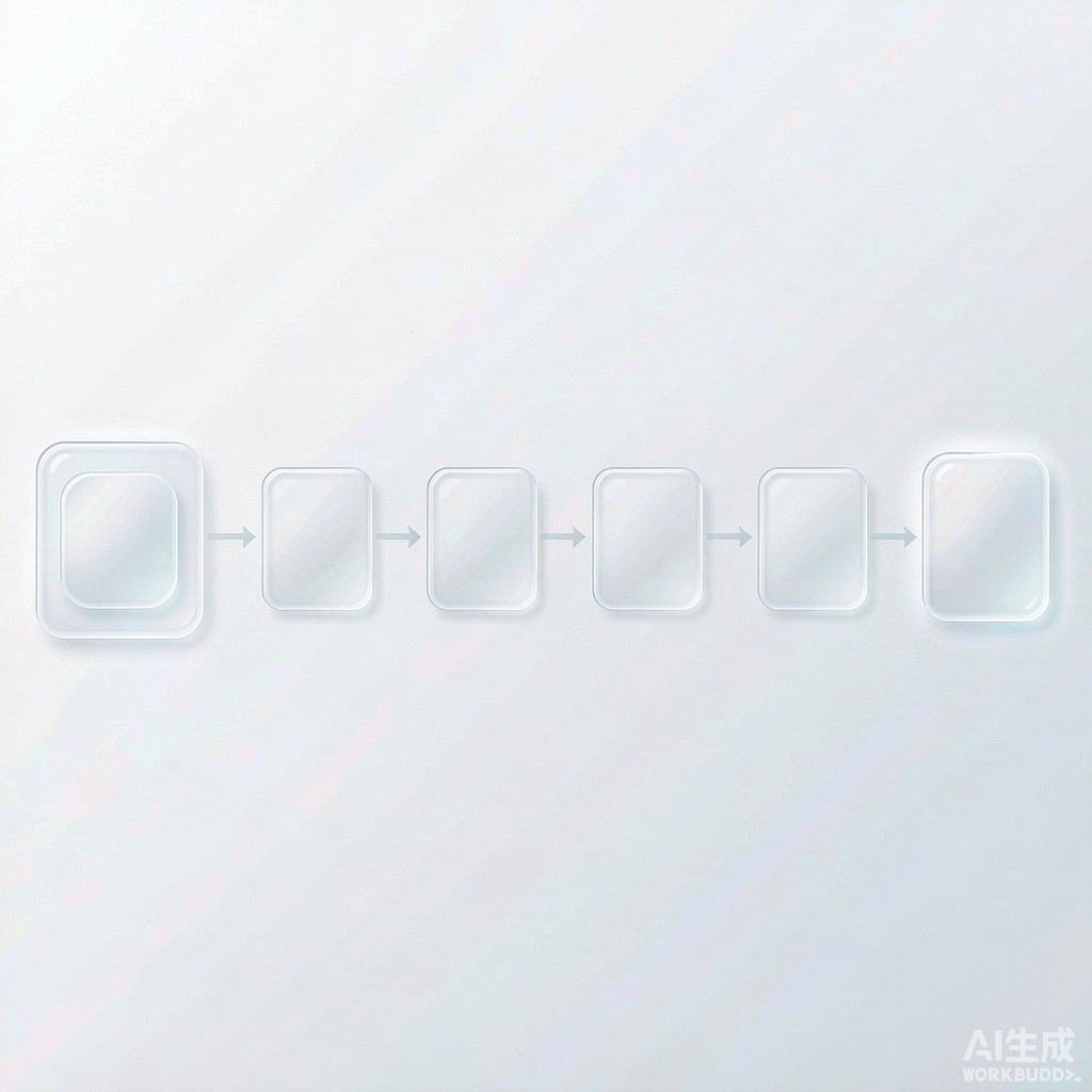 一幅极简流程示意：左侧一个抽象圆角输入节点代表"症状与眼底影像"，向右依次连接"预问诊"&ldquo;分诊"&ldquo;精准诊断"&ldquo;辅助决策"&ldquo;患者管理"五个半透明玻璃质感节点，节点间用箭头衔接，最右输出节点代表"连续决策支持&rdquo;，浅色背景，无文字、无数字